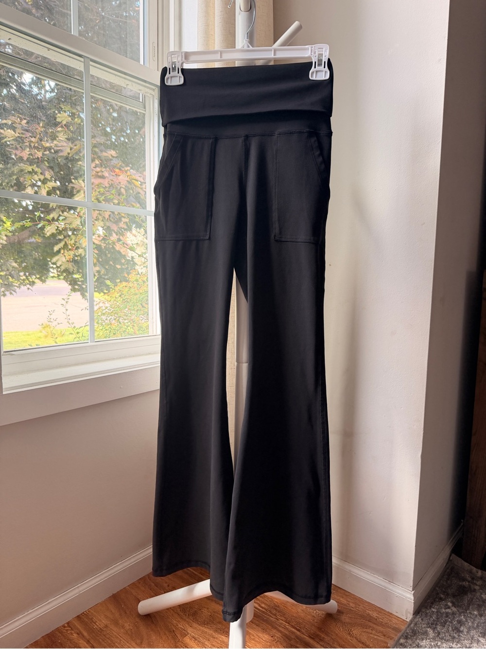 Black Fold-Over Waist Flare Yoga Pants with Front Pockets